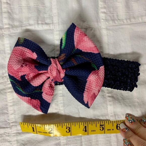Infant Headband Navy Band Navy With Pink Floral Bow Size Newborn B302 - Picture 8 of 9